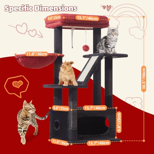 Image of Taoqimiao Gothic Cat Tree, 38.5In Cat Tower for Indoor Cats, for Kittens | Thick Padded Top Perch, Luxurious Cat Condo, Adjustable Basket, 1-Piece Ramp Scratcher, 3 Natural Sisal Posts, MS029SBR