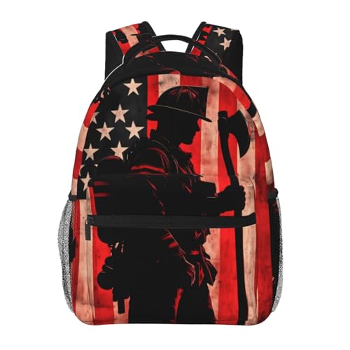 ainori patriotic Firefighter and American Flag Backpack Polyester Backpacks with Straps 11.4inx5.9inx15.7in Multi-Pocket Storage Bookbag Ideal For School Work Travel Hiking Camping Boys Men Gifts