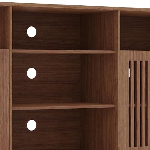 Image of Farmhouse Rustic TV Stand for TVs Up to 70 Inch, Entertainment Center with Bookshelves & Storage Cabinet, Multi-Purpose Media Console for Living Room or Bedroom