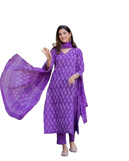 Women Cotton Straight Printed Kurta Pant and Dupatta Set