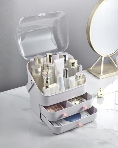 Image of LINFIDITE Cosmetic Storage Box with Lid Makeup Organizer Box with Dust Free Cover Portable Handle,Large Makeup Display Case with Drawers Fully Open Lid,Great for Dresser Bathroom Countertop