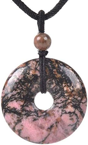 JUST IN STONES Natural Matrix Rhodonite Gemstone 30mm Donut Beads Reiki Chakra Pendant Necklace Handmade Jewelry 22 Inch