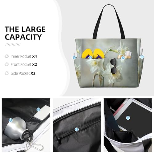 White daffodil Print Large Capacity Foldable Washable Zipper Beach Travel Tote Bag ShoppingBag3