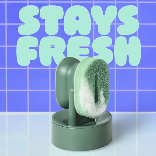Image of Brite by Scotch-Brite Palm Scrubber with Drain + Dry Stand, Household and Kitchen Sponge for Washing Dishes with Comfy Grip, 1 Scrub Sponge with Soap Dispenser
