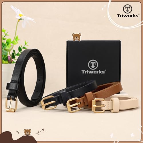 4 Pack Girls Skinny Leather Belts for Jeans Dress Thin Waist Belts for Girl with Gold Buckle4