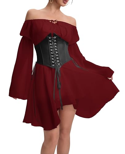 Image of Womens Corset Dresses Off Shoulder Bell Sleeve Casual Party Fairy Two Piece Outfits Bustier Dress