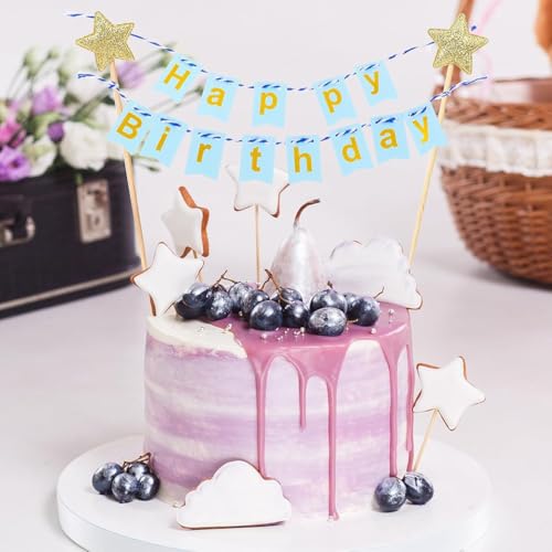 Image of Happy Birthday Cake Topper Birthday Decorations Items Blue with Golden Alphabet Cardstock Banner With Ribbon For Kids(Pack of 1,Blue)