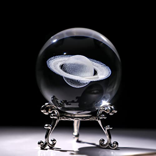 Image of ZEERSHEE 3D Glass Laser Saturn Crystal Ball with Stand 60mm Decorative Glass Ball Paperweights Space Decor for Home
