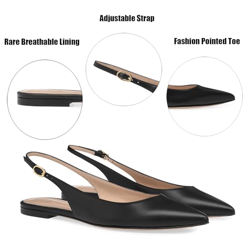 Women Leather Closed Pointed Toe Flat Sandals With Adjust Ankle Strap Elegant Slip On Comfortable Slingback Low Heel Soft Sole Dress Ballerina Flats For Work Office Causal Walk2