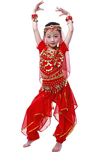 Costume per travestimento ballerina da danza del ventre, da bambina/ragazza, per carnevale, Halloween, cosplay, stile orientale, Bambino, Red, M-6-8 years