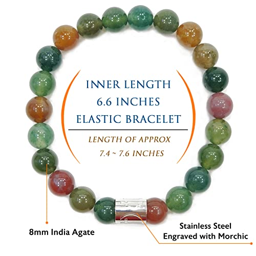 Morchic India Agate Colorful Jasper Gem Semi Precious Stretch Bracelet For Women Men Unisex, Real Natural Gemstone 8Mm Beads, Classic Simple Design Cuff Birthday Gift 7.5 Inch #TOP2