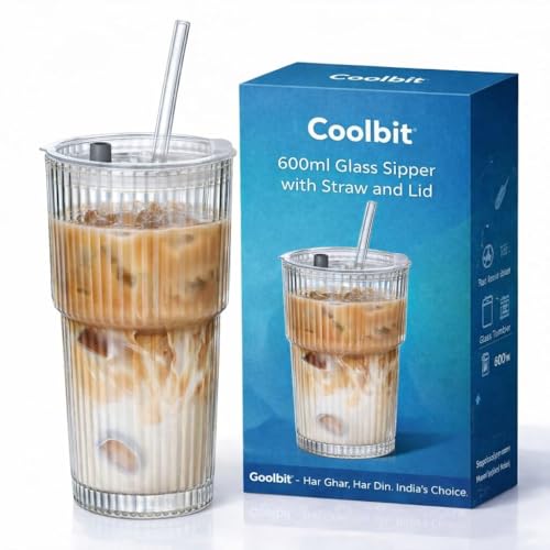 Image of COOLBIT 320ml Glass Sipper with Straw and Lid | Ribbed Glass Tumbler with Bamboo Lid | Reusable Drinking Glass for Coffee, Juice, Smoothie & Cold Drinks (600ml)