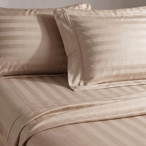 Image of LANE LINEN 100% Cotton Double Bedsheet with 2 Pillow Cases | Damask Stripe 3pc Bedding Set- 2.29M x 2.54M | Breathable & Comfortable Fabric | Oeko-TEX Certified - Taupe