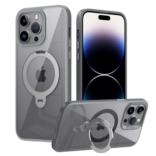 Custodia per telefono magnetica trasparente con supporto pieghevole girevole a 360° per iPhone 12 13 14 15 16 Pro Max Plus paraurti tpu e cover posteriore in acrilico grigio per 16 P