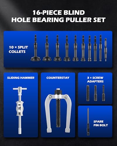 Image of Orion Motor Tech Blind Hole Collet Bearing Race and Seal Puller Extractor Kit, Slide Hammer Pilot Insert Inner Internal Bearing Removal Tool Set, 16PCS