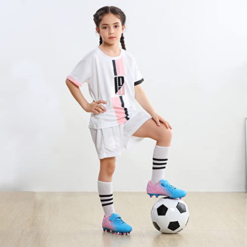 Brooman Kids Firm Ground Soccer Cleats Boys Girls Athletic Outdoor Football Shoes(13,Blue Pink) #TOP2