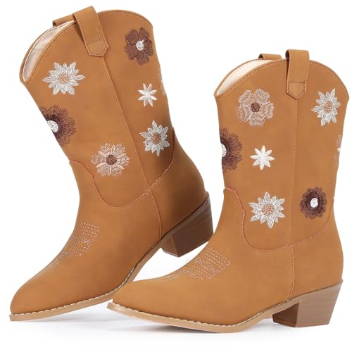 RLW Girls Cowboy Boots with Floral Embroidered, Western Cowgirl Boots for Toddler/Little/Big Kids