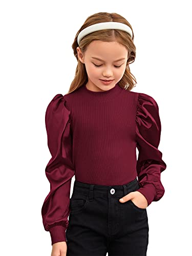 Image of Floerns Girls Casual Puff Long Sleeve Round Neck Rib Knit Blouse Tee Tops
