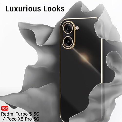 Image of TheGiftKart Luxurious Golden-Plated Back Cover Case for Mi Redmi Turbo 5 5G / Poco X8 Pro 5G | Raised Lips for Camera & Screen Protection | Shockproof Design | Stylish Back Cover Case (TPU, Black)