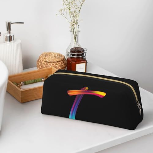 Image of Cute Initial Pencil Case for Kids Simple Leather Pencil Pouch for Boys Girls Letter Design Pencil Box Pen Bag Pencil Pouch Office Stationery Organizer, Rainbow Letter T