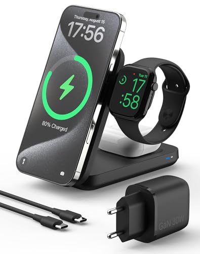 Ya en manzanajugosa.com: Cargador Qi2 3 en 1 para iPhone 16/15/14/13/12, Base de Carga Plegable para Apple Watch/AirPods, Carga rápida magnética – 20W, Viajes y hogar