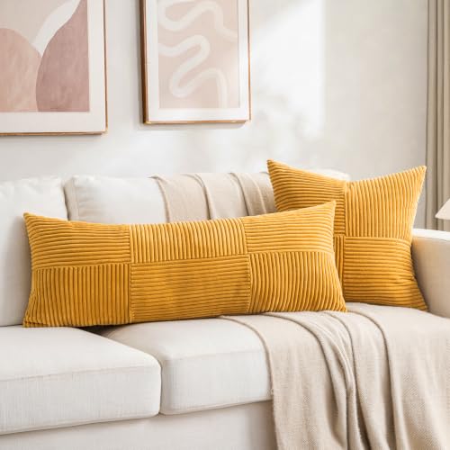 Image of Fancy Homi Set of 2 Gold Yellow Boho Long Lumbar Body Decorative Throw Pillow Cover 14x36 Inch for Bed Couch Bedroom Bench, Soft Patchwork Corduroy Textured Pillow Case, Rustic Farmhouse Room Decor