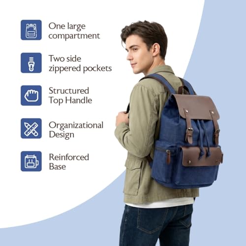 Image of Vintage Canvas Backpack with Genuine Leather Trim - Large 35L Travel Rucksack for Men & Women | Drawstring Laptop School College Bag with Side Pockets | Retro Hiking Daypack