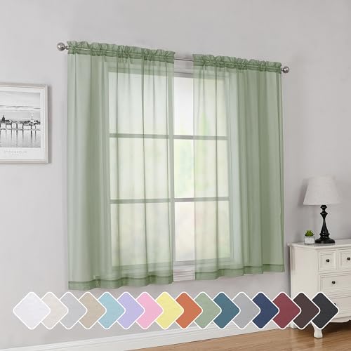 Image of Simplebrand Rod Pocket Top Solid Voile Sheer Curtains for Bedroom, 54 Inch Length Drapes Set of 2, Lightweight and Light Filtering Elegant Sage Curtains Panels Window Treatment, 42Wx54L, Sage