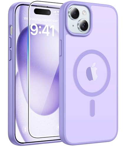 FNTCASE for iPhone 15 Case: for iPhone 14 Case & iPhone 13 Case [Compatible with Magsafe] Translucent Matte Cases with [Screen Protector] Military Grade Shockproof Protective Phone Cover - LightPurple