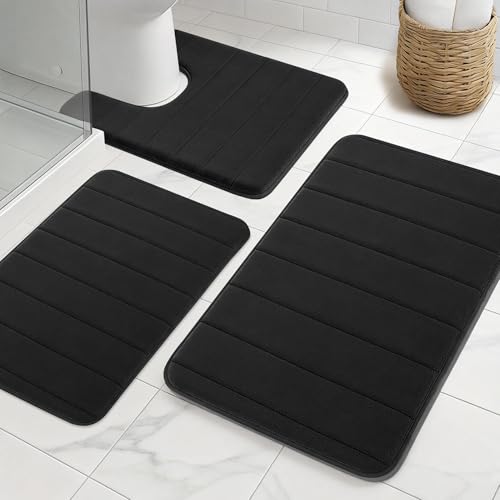 NAKIHOUSE Badematte Set 3-teilig aus Memory Foam, rutschfest & Saugfähig, Waschbar, Weich & Schnell Trocknend, Badezimmerteppich für Dusche, WC & Badewanne,Schwarz