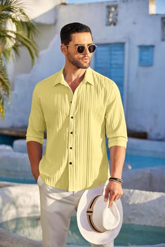Image of FINIVO FASHION Men's Casual Cotton Plain Button Down Shirt Long Sleeve Textured Summer Beach Shirt for Men