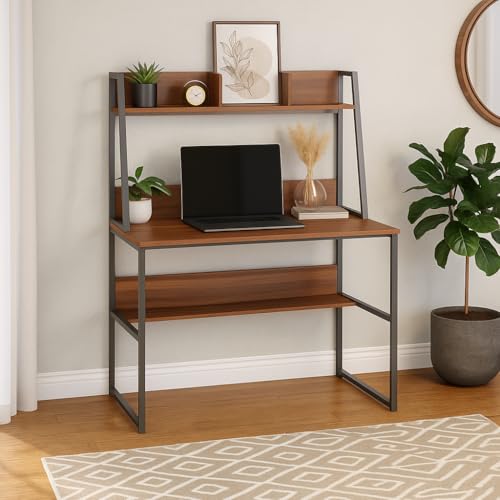 Image of Callas Office Study Table with Bookshelf & Storage Shelf - Black Metal Frame (Walnut, ST-21)