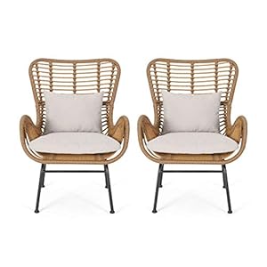 GDFStudio Great Deal Furniture Outdoor Wicker Club Chairs with Cushions Set of 2 Light Brown and Beige