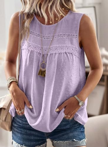 Image of Falechay Womens Summer Tops Boho Shirts Crewneck Sleeveless Tank Tops Flowy Lace Hem Casual Blouses Clothing Trendy 2026