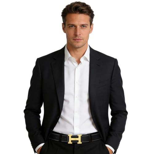 Image of Aurolran Men&Womens Leather Dress Belt Business Automatic Buckle Belt Color-Black Silver Gold