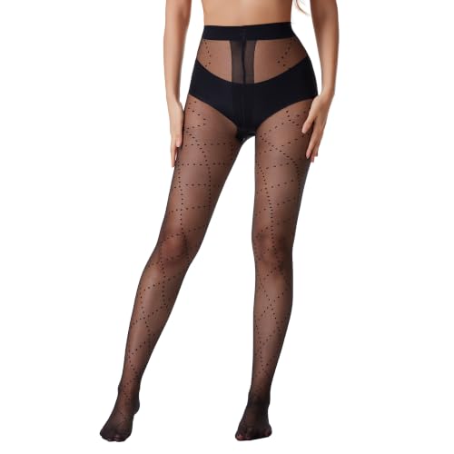 Image of Patterned Tights for Women High Waist Pantyhose Black Sheer Stockings 15D