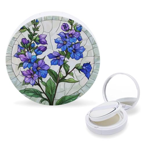 Hayyett Larkspur Flower Stained Glass Air Cushion Puff Box Portable Cosmetic Makeup Case Container,Loose Powder Foundation Container