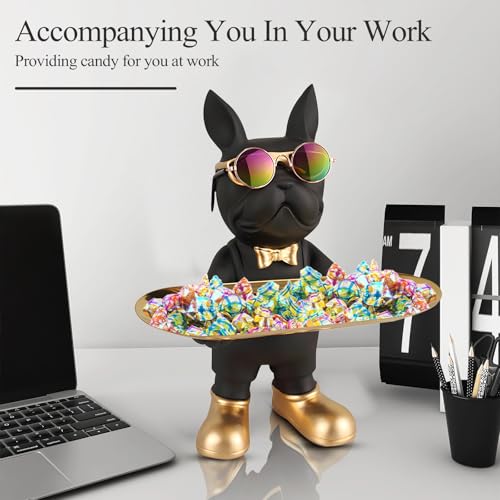 Huhote Bulldogge Skulptur Mit Tablett - Französische Bulldogge Deko, Hund Schlüssel Schale, Figur Statue für Flur, Wohnzimmer, Büro, Eingangsbereich, Desktop Ornament (Schwarz)