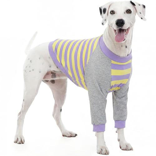 Image of FUAMEY Dog Recovery Sleeve with Elbow Protector for Large Dogs | Dog Shirt Stop Licking Joints Long Sleeve Suit Protecting Dog's Front Leg Arm Wounds Cover Skin Conditions Purple Stripes L