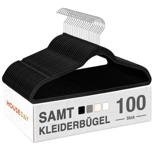 HOUSE DAY Kleiderbügel Samt 100er Set Kleiderbügel Platzsparend Bügel rutschfest und Samtbügel Schmal mit 360 Drehbarer Haken für Hemden Anzüge Mäntel Pullover Hosen Schwarz