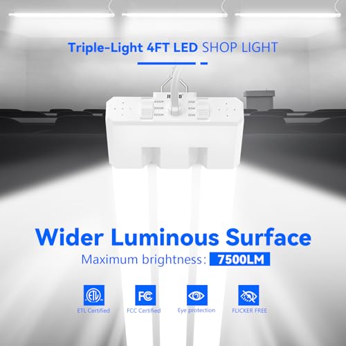 Image of JESLED 4FT LED Shop Lights, 3CCT Selectable 50W 7500LM, Linkable, ETL | 3CCT 4000K /5000K /6500K, 30W /40W /50W Adjustable, Utility Commercial Bay Light, Plug & Play, Ceiling or Hanging Mount, 2-Pack