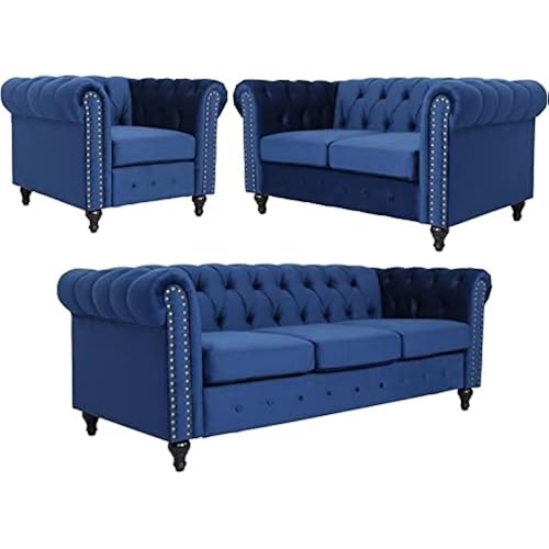 Home Square 3 Piece Set with Velvet Living Room Sofa Loveseat and Chair in Blue
