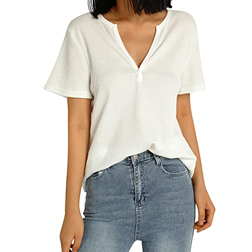 Damen-V-Ausschnitte-Bluse-Kurzarm-Sommerbluse-Oberteile-T-Shirt-Lose-Tunika-Shirt-Waffel-Strick-Hemdbluse-Elegant-Sommershirts-Damenblusen