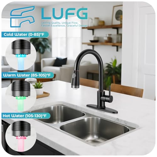Image of LED Kitchen Faucet with Pull Down Sprayer - ORB Single Handle Kitchen Faucets, High Arc Stainless Steel Pull Out Kitchen Sink Faucet with Deck for RV Laundry Farmhouse Bar