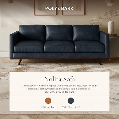 Image of Poly & Bark Nolita 85 inch Leather Sofa - Full-Grain Italian Aniline Leather, Feather-Down Comfort, Solid Wood Base - Nightfall Blue