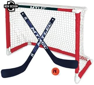 MyLec Mini Hockey Set, with 1 Hockey Goal, 2 Hockey Sticks & 1 Soft Ball, Foam Handle, Sleeve Netting System, PVC Tubing Net, Lighweight & Durable, Enhanced Grip, Pre-Curved Mini Hockey Stick (White)
