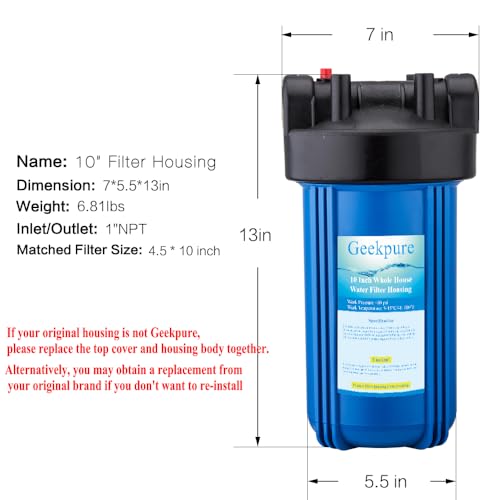 Geekpure 10-Zoll Großes Wasserfilter Gehäuse 1\ BSP Auslass/Einlass mit Schraubenschlüssel und Halterung-Blau Farbe-4,5\ x 10\ (1)