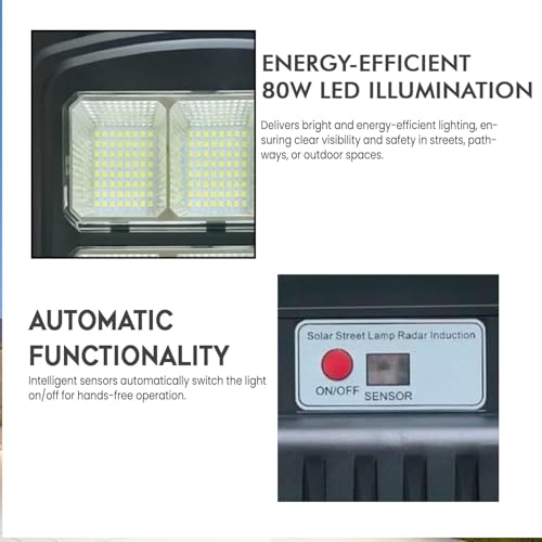 Image of Gigawatts 384 LED 80W Solar Street Light with Remote Control High Power 10Ah Battery Inbuilt 12W Solar Panel IP65 Water Resistant Outdoor Lamp for Wall Pathway Garden and Patio (1Pc, Cool White)