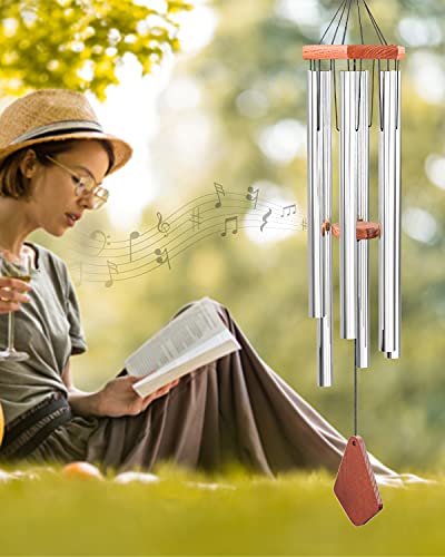 Wind Chimes Outdoor Large Deep Tone, 44 Inches Sympathy Wind Chimes Tuned Soothing Melody, Memorial Wind-Chime With 6 Heavy Tubes For Outside Decoration, Garden/Yard. Silver Wind Chime #TOP5