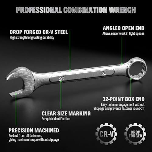 Image of 19-Piece Metric Combination Wrench Set, 6-24mm Standard Spanner Wrench Set, Mechanic Tool Sets with Rolling Pouch, Open End Wrenches for Household, Garage, Workshop, Auto Repairs